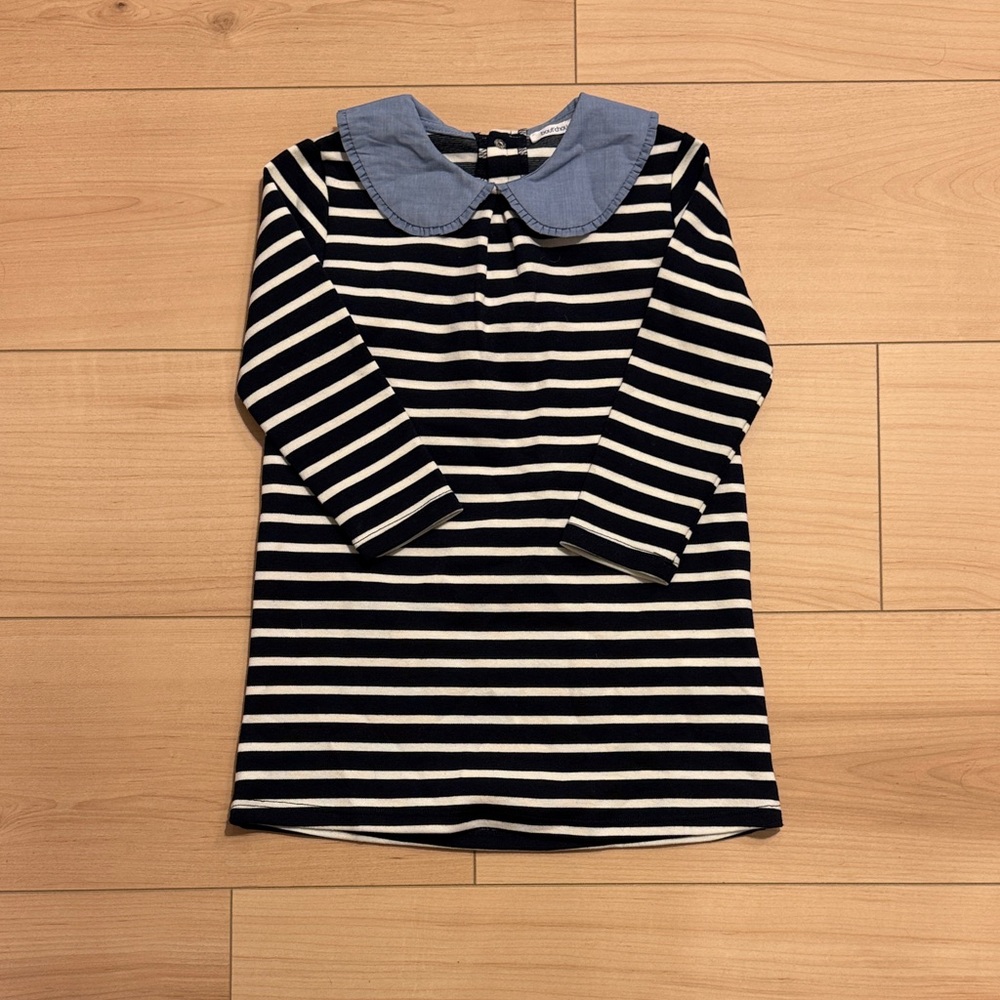 Girls Navy & White Stripe Dress with Chambray Peter Pan Collar
